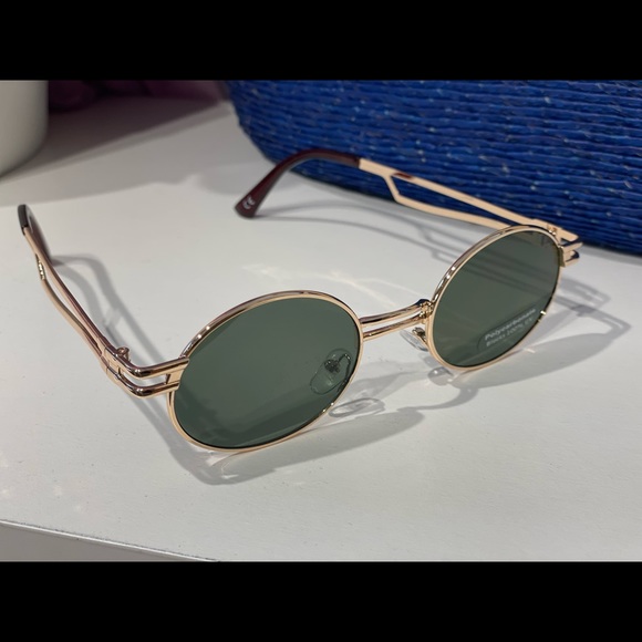 Green lenses gold round frame double bridge nose sunglasses - Picture 9 of 9